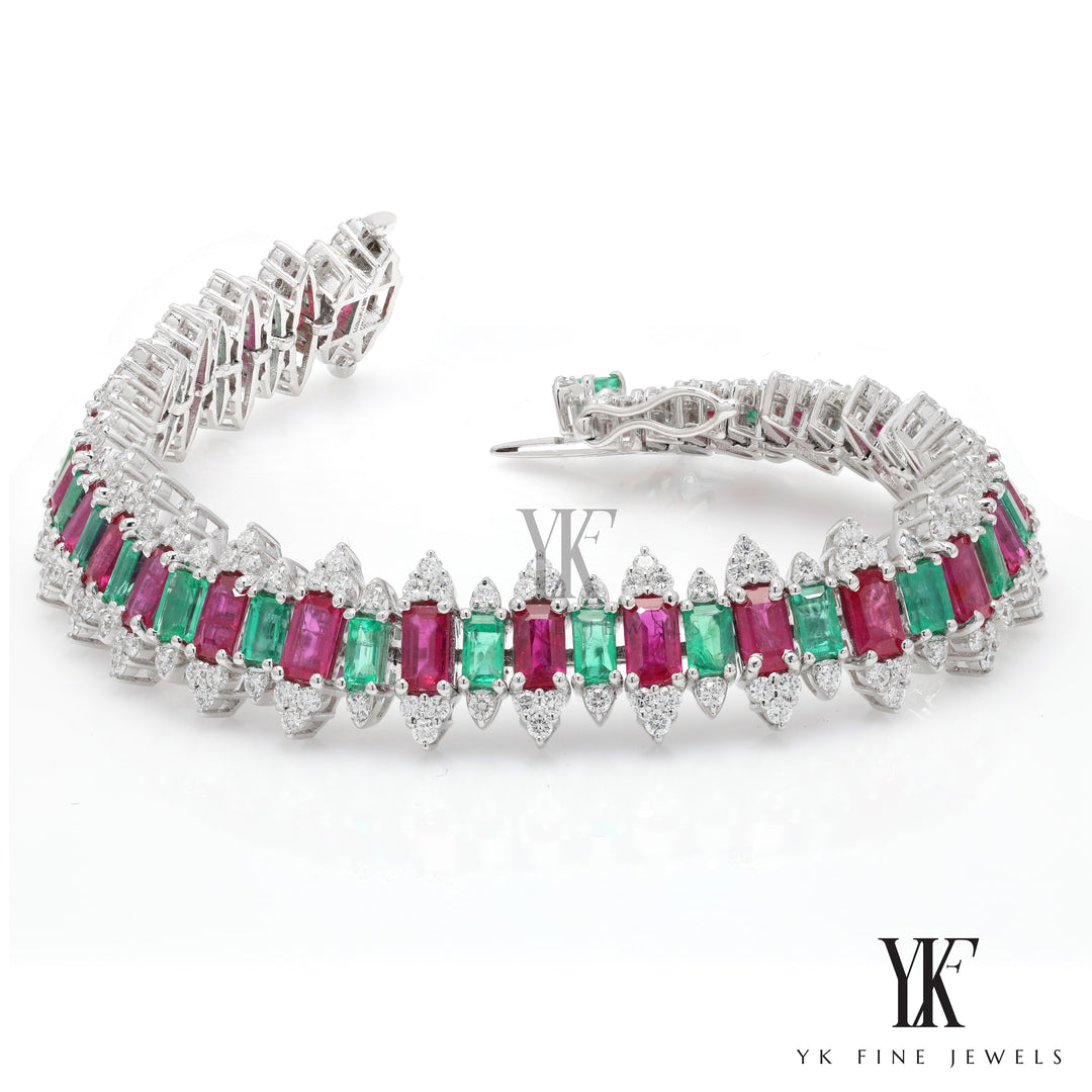 18K White Gold Women's Bracelet With 8.74Ct Ruby & 4.32Ct Emerald Diamond Studded Bracelet |  IGI Certified