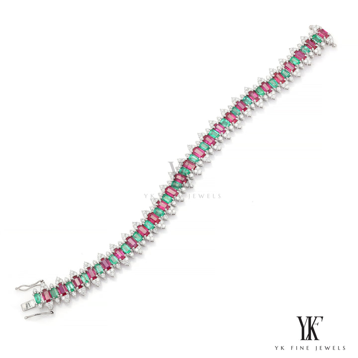 18K White Gold Women's Bracelet With 8.74Ct Ruby & 4.32Ct Emerald Diamond Studded Bracelet |  IGI Certified