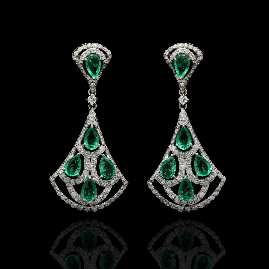 2.01Ct Round Cut Studded Diamond With 3.04Ct Emerald Diamond Women's Dangle Earrings | 18K White Gold | IGI Certified