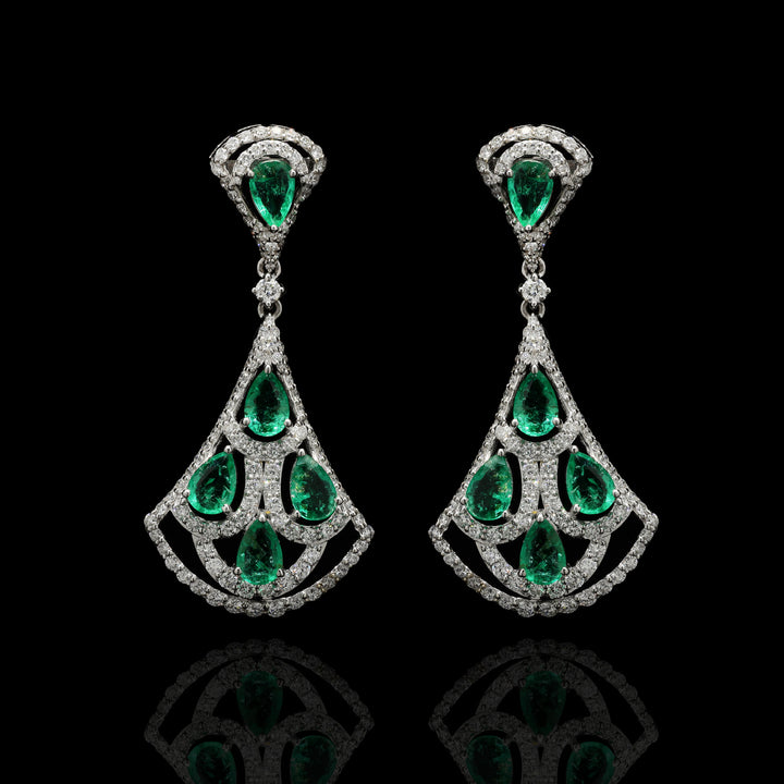 2.01Ct Round Cut Studded Diamond With 3.04Ct Emerald Diamond Women's Dangle Earrings | 18K White Gold | IGI Certified