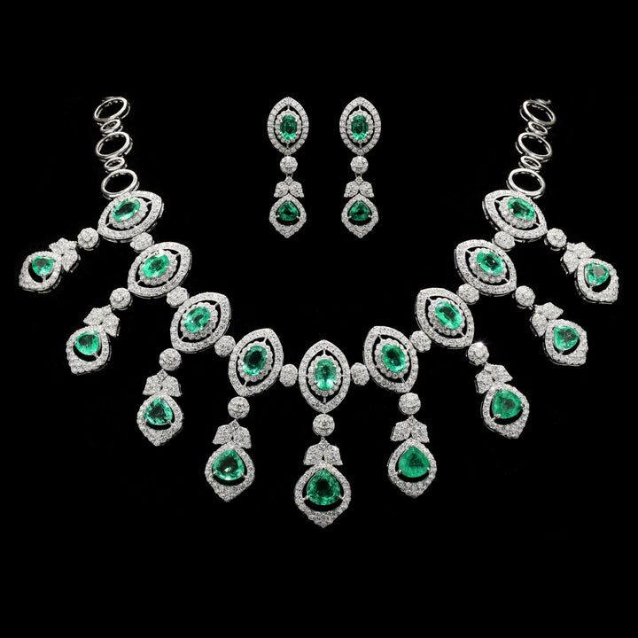 18k White Gold With Emerald Gemstone Diamond Studded Necklace Set | IGI Certified