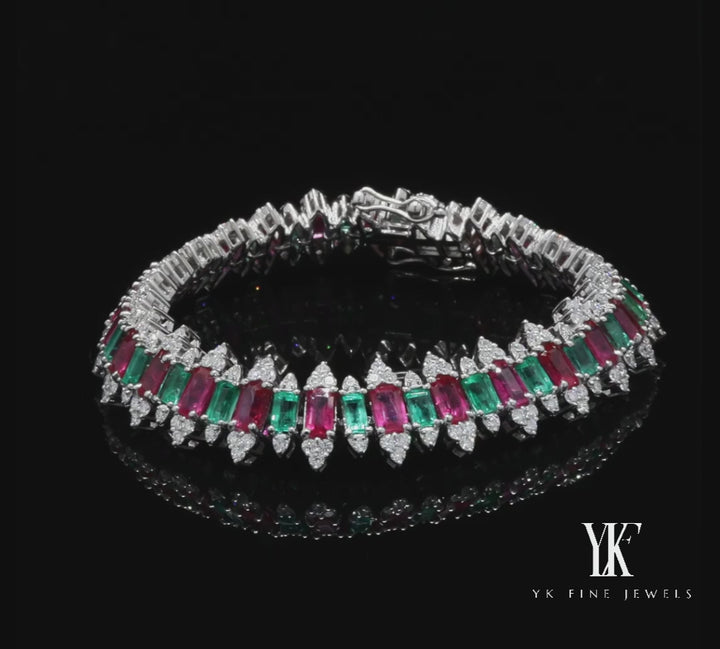 18K White Gold Women's Bracelet With 8.74Ct Ruby & 4.32Ct Emerald Diamond Studded Bracelet |  IGI Certified