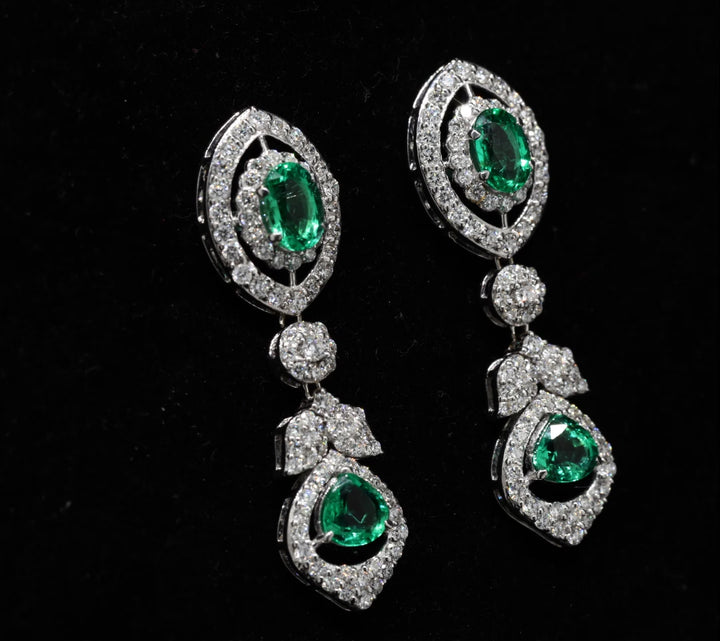 2.14Ct Round Cut Diamond With 3Ct Emerald Women's Dangle Earrings| 18K Gold | IGI Certified