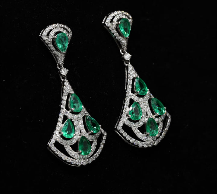 2.01Ct Round Cut Studded Diamond With 3.04Ct Emerald Diamond Women's Dangle Earrings | 18K White Gold | IGI Certified